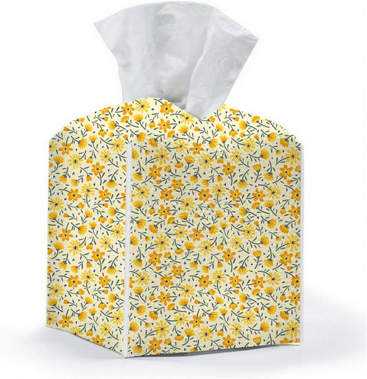 Tissue Box Cover, Tissue Box Holder, Square with Belt Bottom, PU Leather Decorative Organizer for Desk, Tabletop, Countertop Bathroom, Toilet Car,Office, Dresser Bedside, Aesthetic Yellow Flower Decor