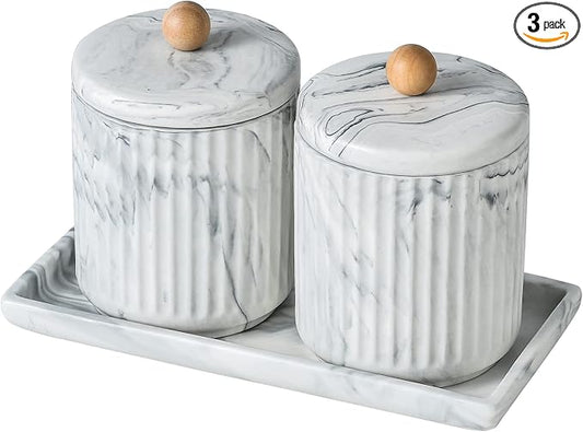 Marble Small Bathroom Jar Set ï¼Ceramic Cotton Swabs Holder with Lid and Dresser Organizer Set Tray for Storage and Organizing in Bathroom, Dresser, Kitchen, Office