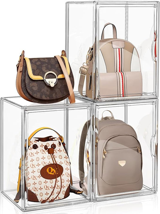 3 Packs Clear Handbag Storage Organizer for Closet, Acrylic Display Case for Purse Handbag, Stackable Purse Organizer Storage Box with Magnetic Lids for Wallet Book Collectibles