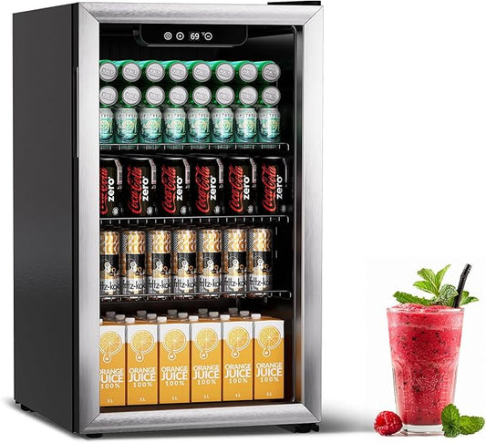 Compact Beverage Refrigerator,110 Can/3.1 Cubic Feet Fridge with Glass Door for Soda, Beer Under Counter Small Refrigerator with Adjustable Shelve & LED Display(Silver)