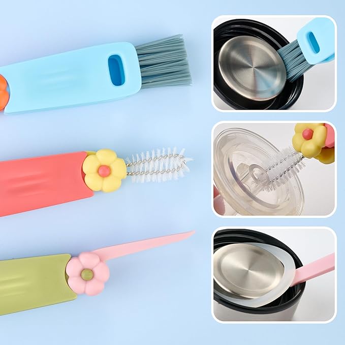 3 in 1 Bottle Gap Cleaning Brush, Multifunctional Cup Lid Gap Cleaner, Portable Crevice Cleaning Brush Set, Suitable for Household Use and Carry Outdoors, for Bottle Gap Tight Spaces Cup (Green)
