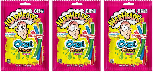 WARHEADS Ooze Chewz Ropes - Chewy Candy Ropes with Sour Filling - Watermelon, Blue Raspberry & Green Apple Flavors - 3 oz. Bags - 3 Pack