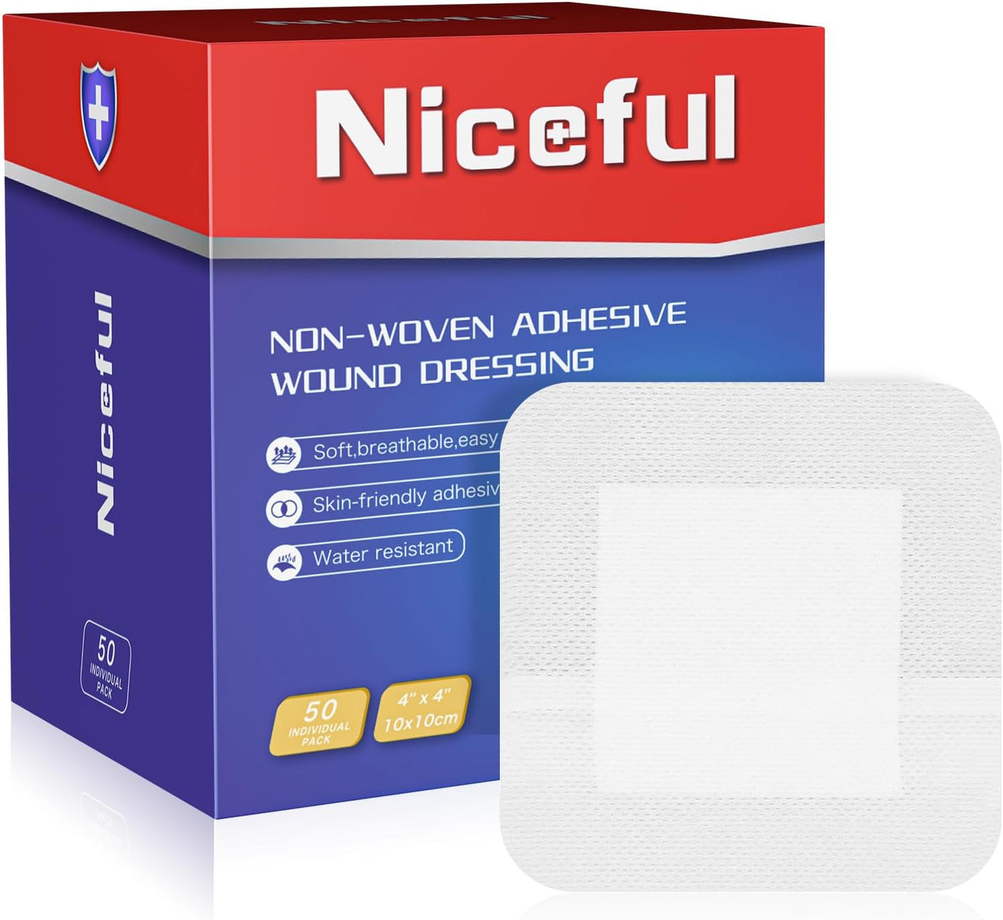 Niceful 50 Count Adhesive Gauze Island Dressing 4" x 4", Water-Resistant Wound Dressing Bandages, Sterile & Absorbent Medical Grade Adhesive Pads, First Aid Pads FSA Eligible