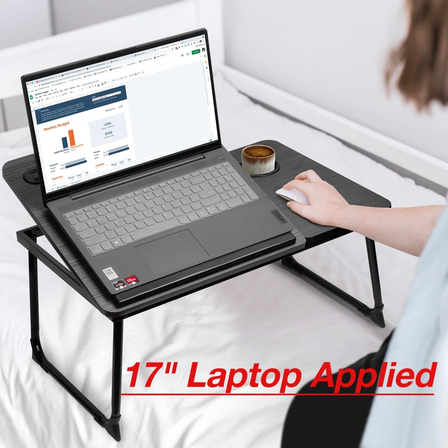 CloudTrip Plus XL Adjustable Laptop Desk with Light, USB Port, iPad Holder, Drawer Storage - Larger 23.6IN Adjustable Lap Desk for Bed, Home Office, Breakfast Tray, Fordable Legs Desk (Black)