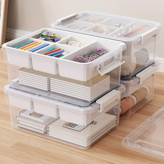80Qt Stackable Storage Bins with Lids & Trays, Clear Plastic Latching Boxes Organizers with Dividers Portable 20Gal Containers for Arts & Crafts, Home and Car Trunk Organization, 4Pack