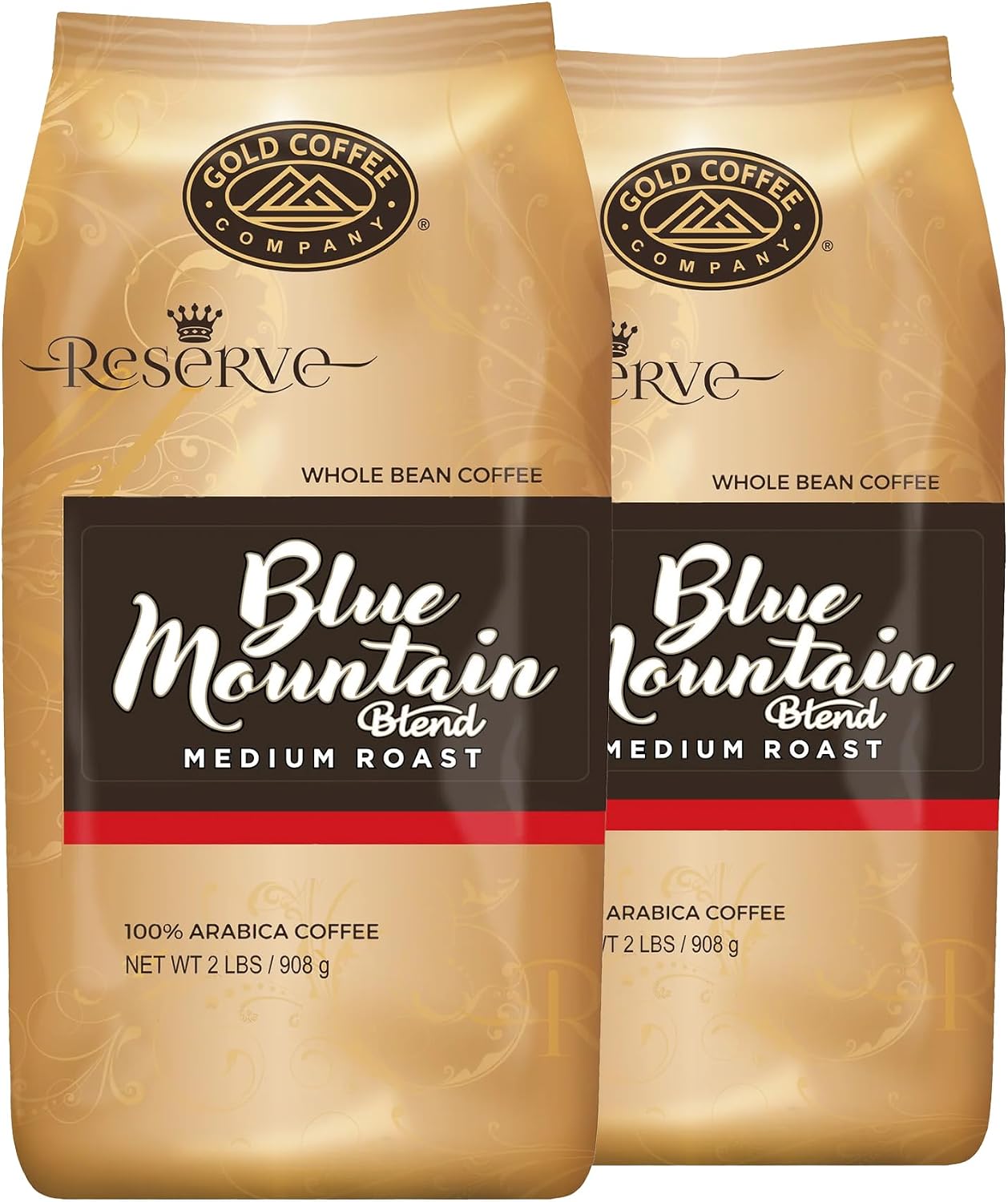 Gold Coffee Co. Blue Mountain Premium Blend - Medium Roast, Whole Bean 100% Arabica Coffee - Notes of Cocoa, Sweet Honey, Citrus 2 lbs. (Pack of 2)