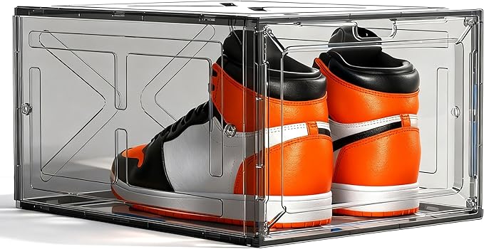1 Pack Drop Front Shoe Box for Menâs Sneakers, Stackable Magnetic Display Case, Large Size for Up to US 13, Clear-Black Organizer â 13.5 x 10.55 x 7.5 Inches