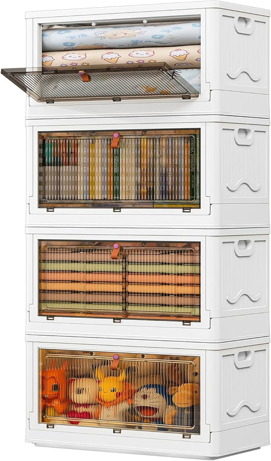4 Tier Storage Bins with Lids 102QT - Stackable Containers with Wheels, Folding Boxes, Set of 25