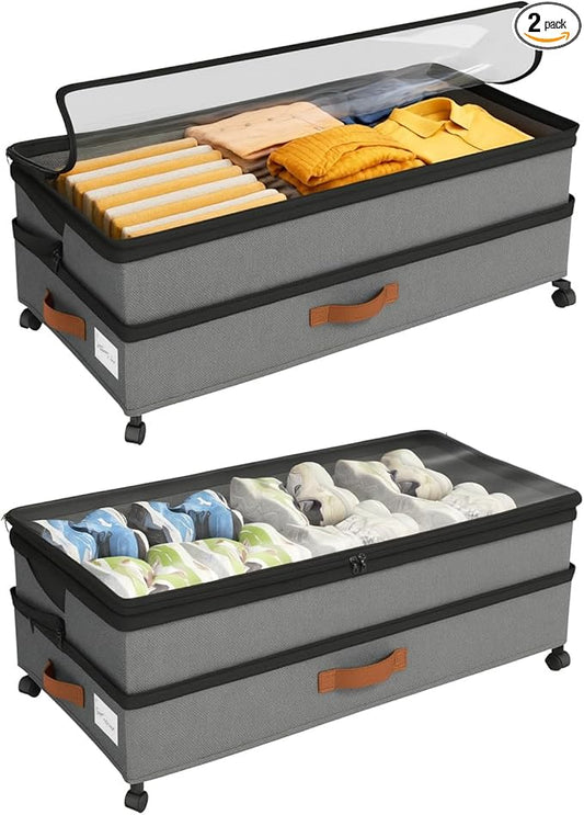 Expandable Under Bed Storage with Wheels 2 Pack â Large Under Bed and Closet Storage - Expandable Storage Bins with Lid & Dividers, Low Profile Storage Solution for Clothes, Shoes Great for Dorm Rooms