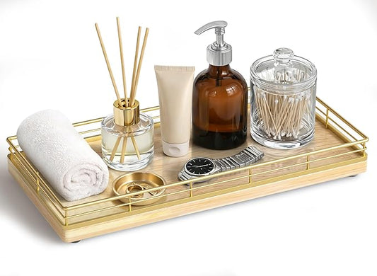 Bathroom Vanity Tray â 12" x 6" Oak Decorative Wooden Tray for Toilet Tank Organizer Wood Tray for Bathroom Countertop, Soap, Perfume & Storage, Vanity & Dresser Decor, Gold & Natural Oak