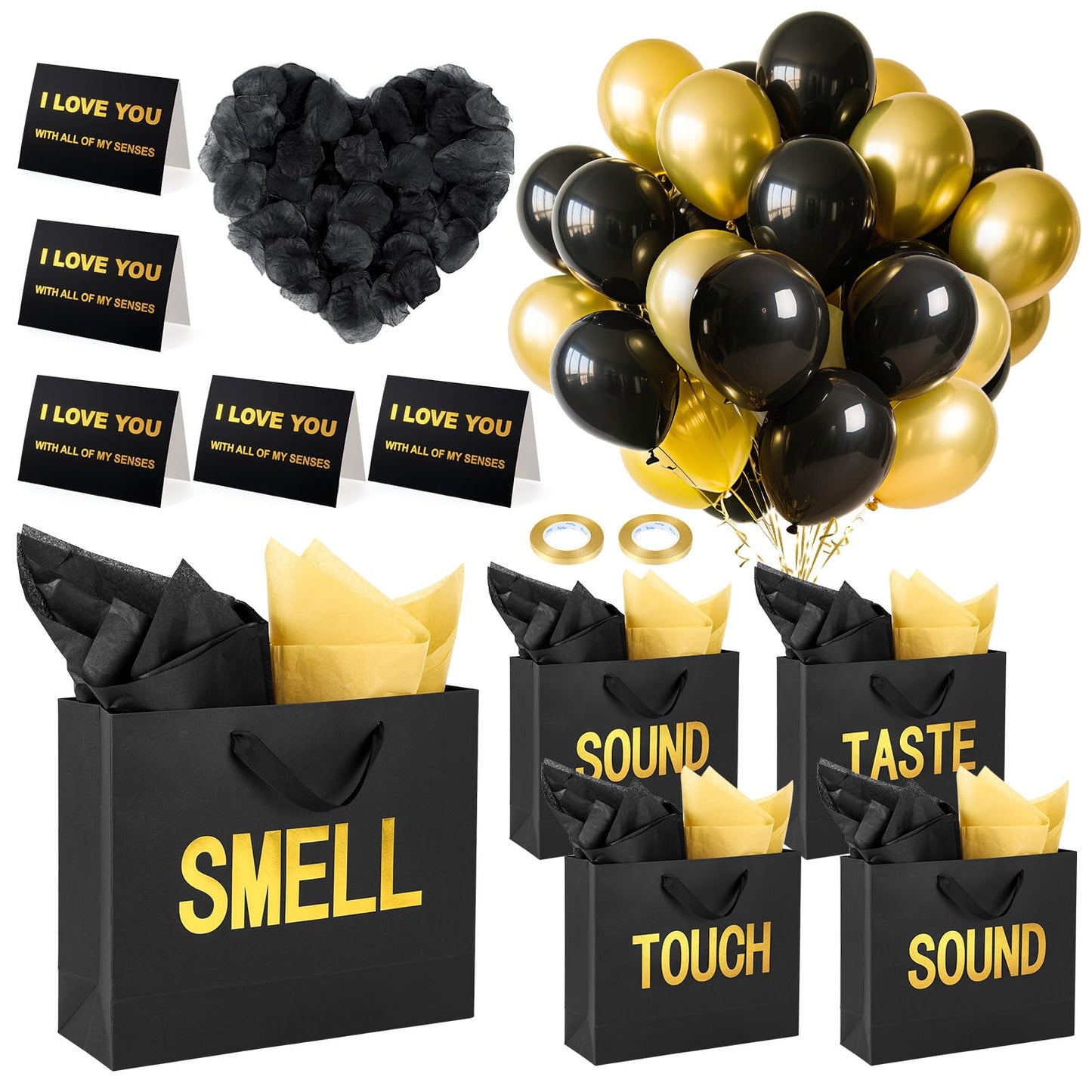 5 Senses Gift Bags for Him With Tissue papers Five Senses Black Gift Bags with Rose Petals Balloon Gifts Decoration for Birthday Bag Wedding Anniversary Valentine's Day (Black,12.6 x 8.7 x 4 Inch)
