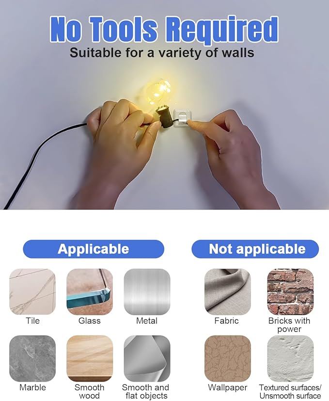 LZC Hooks for Outdoor String Lights Clips: 40 Pack Large Clear Rectangle Outdoor Light Clips Waterproof Adhesive Strips - Heavy Duty Outside Hanging Cable Rope Light Holders Organizer