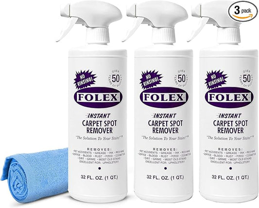 FOLEX Instant Carpet Spot Remover 32 oz – Powerful Stain Remover for Carpets, Upholstery & Rugs – Eliminates Pet Stains, Grease, Red Wine, Food, Makeup & More – With Reusable Cleaning Cloth - 3 Pack