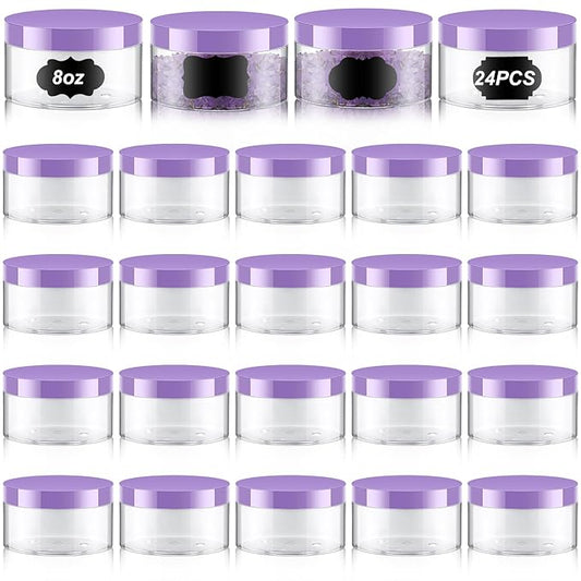 Dandat 24 Pcs 8 oz Plastic Jar Container with Lid and Label Refillable Empty Round Clear with Purple Pet Cosmetic Sample Slime Containers for Lotion, Cream, Ointments Body Butter Makeup Travel Storage