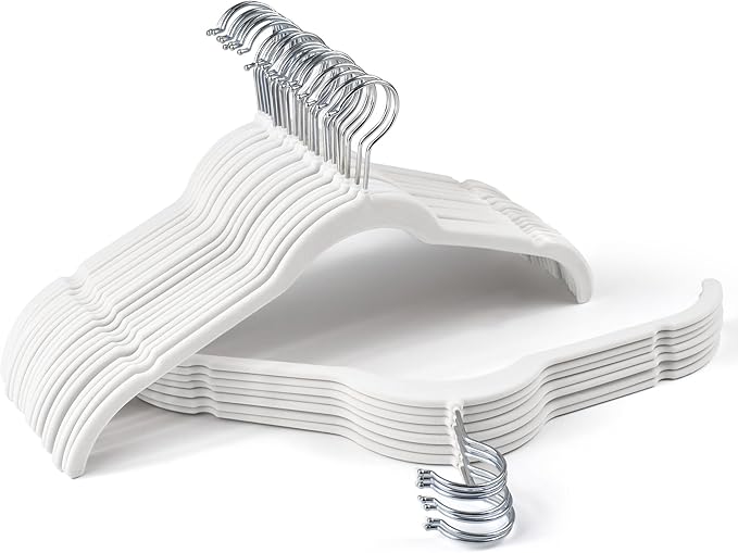 Premium Velvet Shirt Hangers 30 Pack, Non-Slip 360Â° Swivel Hook Slim Felt Hanger, Space Saving Flocked Hangers for Tank Tops, Blouses, Strappy Dresses(White)