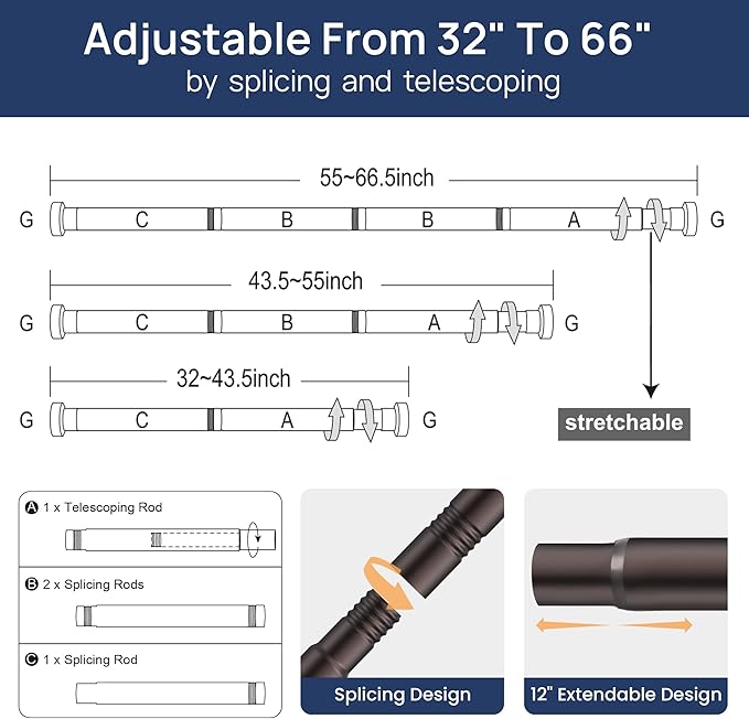 ENJOYBASICS 2 Pack Adjustable Spring Tension Curtain Rods 32 to 66 Inches, Stainless Steel Bronze Shower Rod No Drilling for Window, Bathroom, Closet, Room Divider, 7/8" Diameter