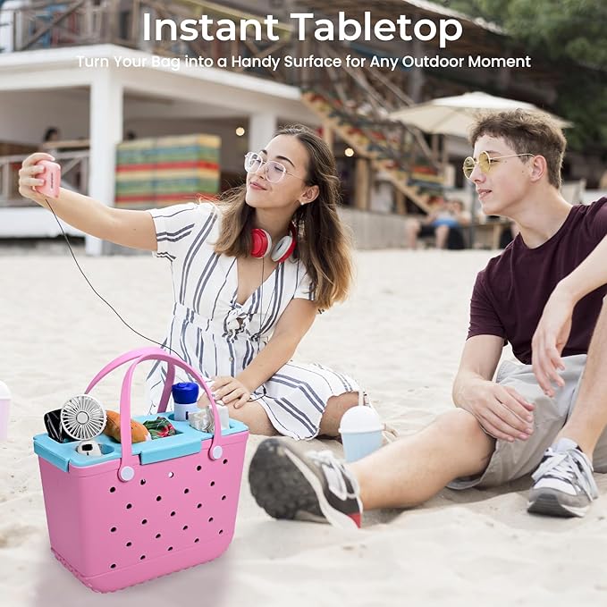 Topper Tray for Bogg Bag Large Only – Waterproof EVA Table Top Organizer Lid with Cup Holder, Snack, Phone & Drink Holders for Beach, Pool, Picnic, Travel (Blue)