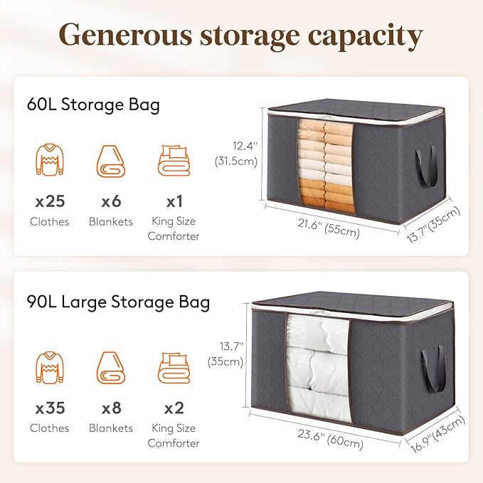Lifewit 90L Large Storage Bags, 4 Pack Closet Organizers and Storage, Clothes Storage Bins with Lids, Foldable Storage Containers with Reinforced Handles for Clothing, Blanket, Bedding, Comforter Gray