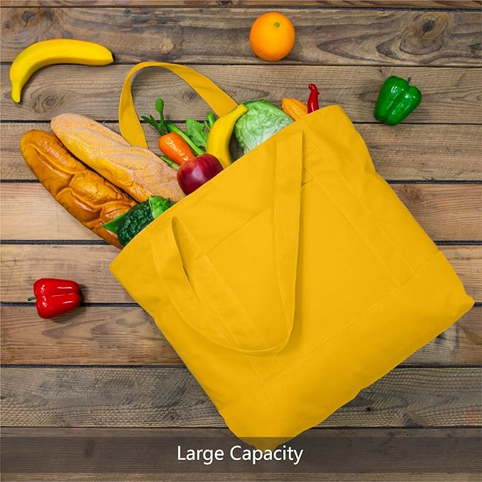 TOPDesign 6-Pack Canvas Tote Bags with an External Pocket, Reusable Grocery Shopping Bags, Top Zipper Closure, Daily Essentials (Yellow)