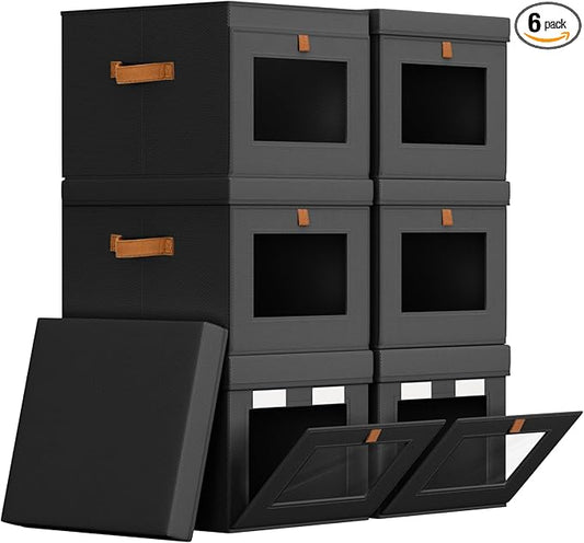 Storage Bins with Lid â Closet Organizer with Side Opening and Clear Window, Foldable Stackable Fabric Basket for Clothes, Home, Office - 13.77" x 11.8" x 9.8", 6 Pack, Black