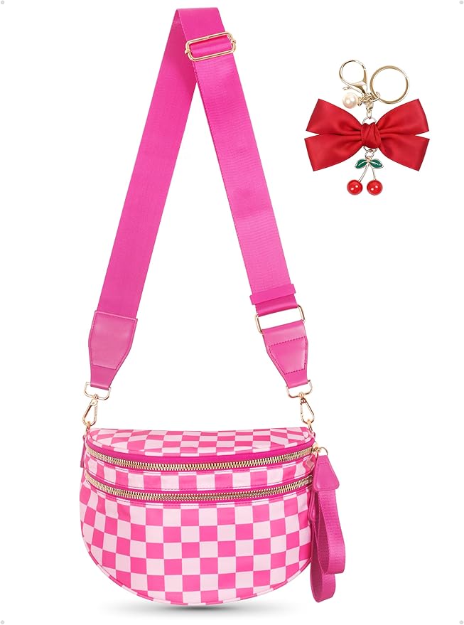 Checkered Crossbody Bag for Women, Spacious Sling & Stylish Bum Bag for Travel, Concerts, Festival, Nylon Fanny Pack Belt Bag (Colour Bum Bag-Rose Checkered)