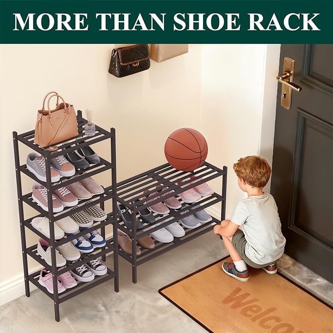 Smiry Bamboo Shoe Rack 2-Tier, Stackable Wooden Shoe Organizer for Entryway & Closet, Free Standing Wood Shoe Storage Shelf for Front Door & Small Spaces, Brown