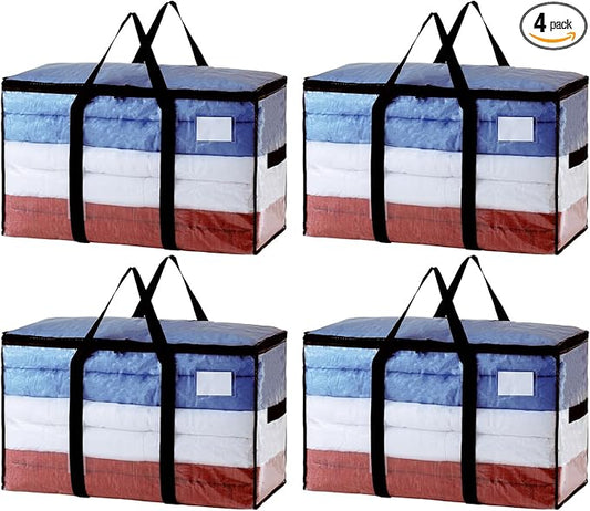 TAILI Extra Large Moving Bags, 4 Pack Clear Heavy Duty Totes for Storage with Visible Window, Wrap Around Handles, Storage Bags for Space Saving, Alternative to Moving Boxes