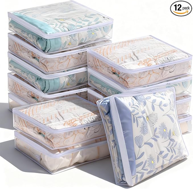 12 Pcs Clear Clothing Organizer Plastic Sweater Storage Bags Zippered Storage Bags with Label Pocket Container for Blankets Linen Sweater Clothes Bed Sheet Pillow (15.7 x 13.8 x 3.9 Inch)