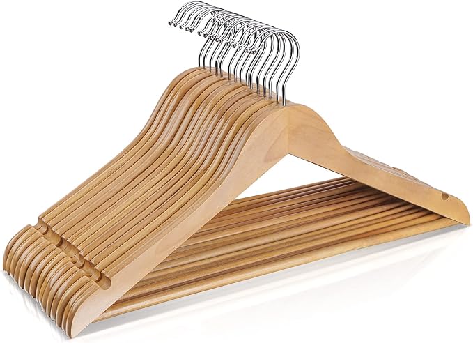 Wooden Hangers 10 Pack,Heavy Duty Wood Coat Hangers,with 360-degree Hookï¼Smooth Finish Wooden Clothes Hangers with Non Slip Pants Bar, Sturdy Clothes Hangers for Shirts,Suit,Natural