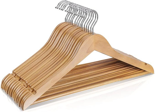 Wooden Hangers 10 Pack,Heavy Duty Wood Coat Hangers,with 360-degree Hookï¼Smooth Finish Wooden Clothes Hangers with Non Slip Pants Bar, Sturdy Clothes Hangers for Shirts,Suit,Natural