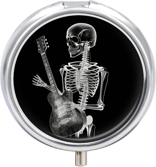 Metal Round Pill Box 3 Compartment, Cute Portable Travel Pill Organizer Small Abstract X-ray Skull Skeleton Playing Guitar Pill Case for Pocket Purse Pill Container Medicine Organizer Box Daily Vitami
