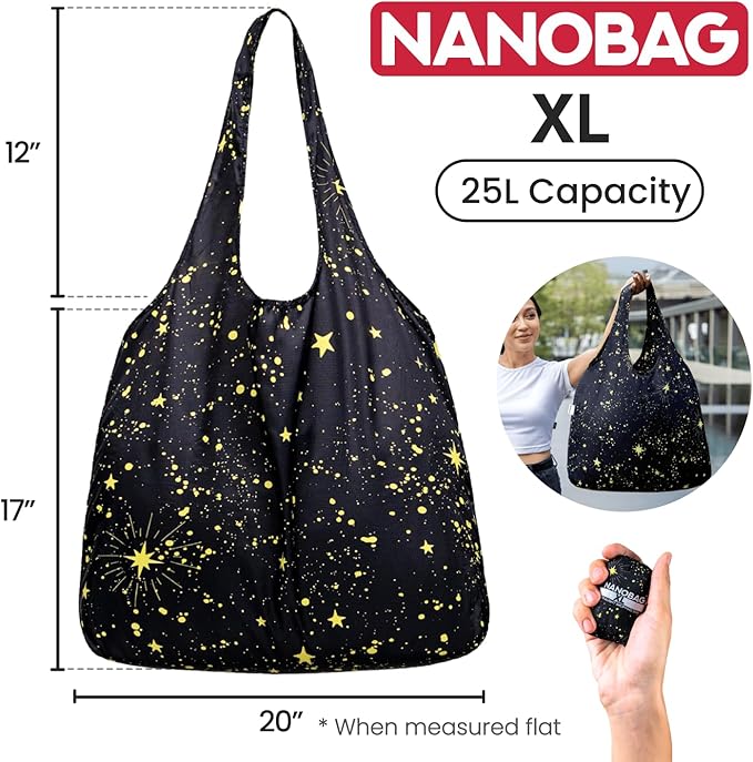 Nanobag Ultralight Heavy Duty Foldable Tote for Women & Men, Reusable Grocery & Travel Bag, Packable Collapsible Compact Market Essential (XL Navy)