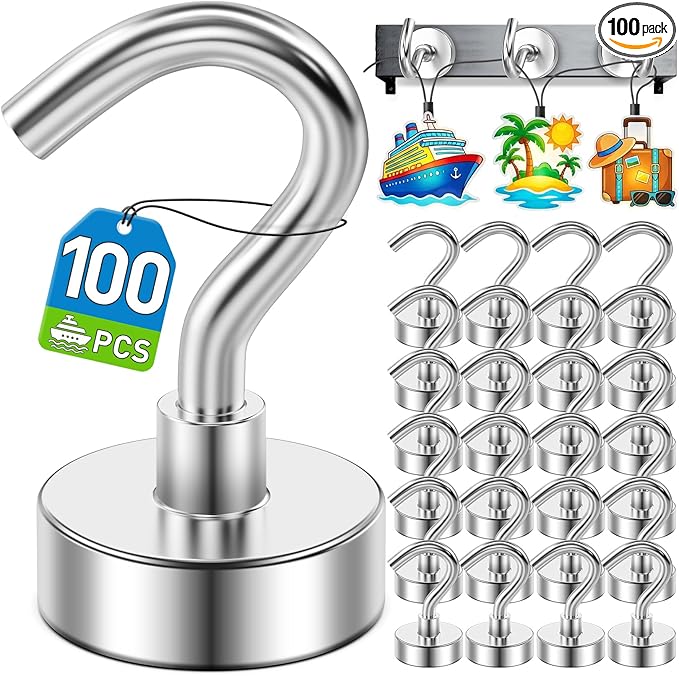 100 Pack Magnetic Hooks for 2026 Cruise Cabins Beach Vacation 30lbs+ Heavy Duty Magnet with Hook Metal Magnetic Hooks for Kitchen Fridge Grills Hanging Magnet Hooks for Classroom Locker Whiteboard