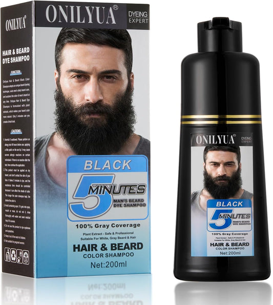 Men's Long-Lasting Black Hair Dye & Root Touch Up for Gray Coverage - 5 Minute Natural Beard & Mustache Coloring Shampoo 3-in-1