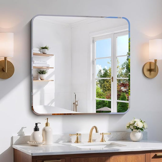 CILIBER Beveled Mirror 30"x30", Square Frameless Bathroom Mirror Rounded Corner, Framless Vanity Mirror Shatterproof Tempered Glass Lightweight Design for Bedroom Living Room Entryway