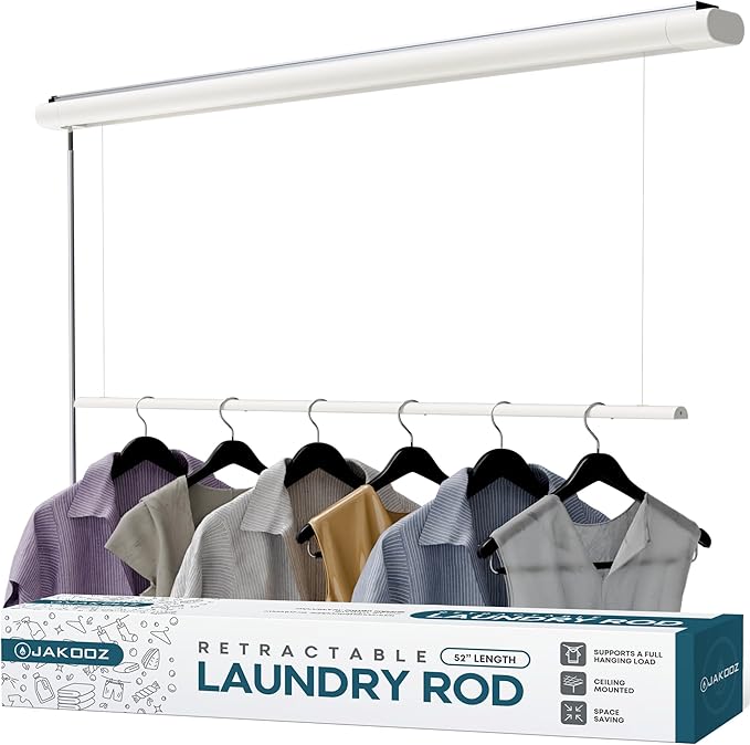 Retractable Ceiling Mounted Clothes Drying Rack for Clothing â 52.4" Pull-Down Laundry Rod Clothes Hanger Space Saving Design for Apartments & Indoor Air Drying â Ceiling Hanging Laundry Rack