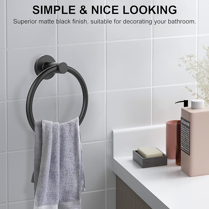 SetSail Towel Holder for Bathroom Wall Matte Black Towel Ring Stainless Steel Heavy Duty Hand Towel Hanger for Bath, Kitchen, 2 Pack