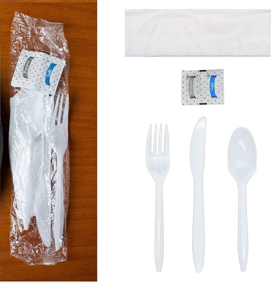 250 Black & Silver Plastic Cutlery Packets - Knife, Fork, Spoon, Napkin, Salt & Pepper Sets | Individually Wrapped Disposable Silverware Kits