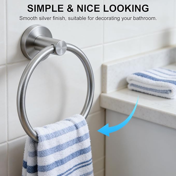 SetSail Towel Holder for Bathroom Wall Silver Towel Ring Stainless Steel Hand Towel Holder 4 Packs Towel Hanger for Bathroom, Kitchen Drill Hole