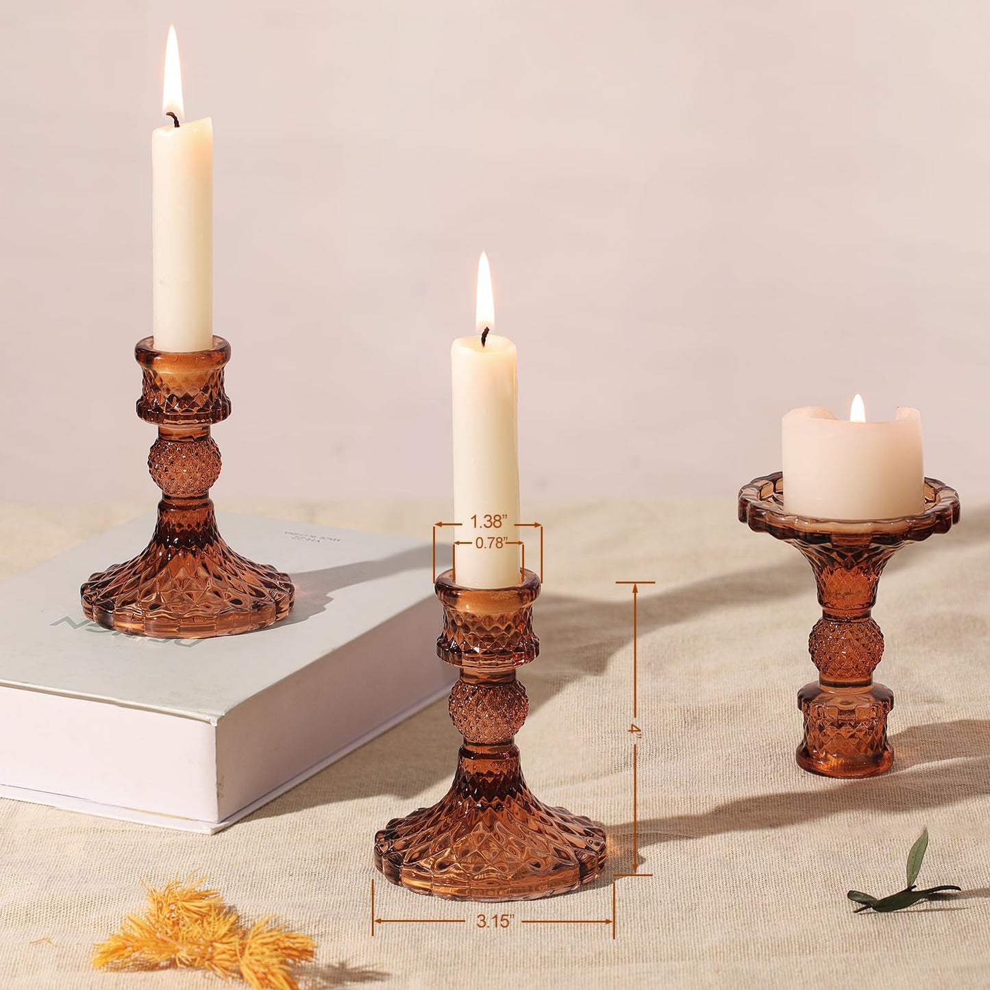 12Pcs Amber Candlestick Holders Set- 4" H Taper Candle Holders Bulk, Glass Candle Holders for Wedding, Party, Fall Dinner Table Centerpieces, Festival Gifts & Windowsill Decor