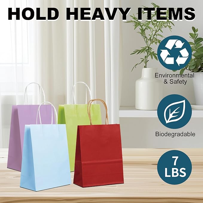 BAG BOX 100 Pack Small 5.9 * 3.2 * 8.3 Inch Inch Red Kraft Paper Gift Bags with Handles for Bulk Shopping, Retail, Craft, Party Favors, Wedding, Grocery & Sacks