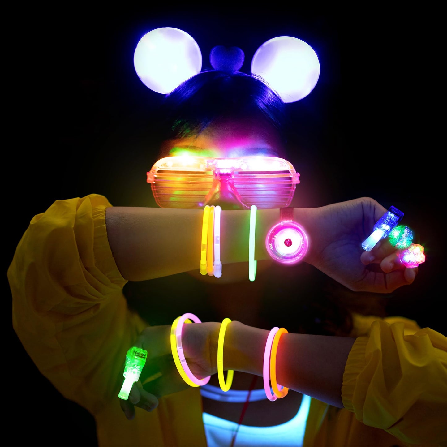 Mocoosy 103PCS Glow in the Dark Party Supplies, Light Up Party Favors for Kids, Neon Toys Bulk Party Pack With Glow Stick, Glasses, LED Bracelets, Finger Light, Ring, Headbands for Halloween, Carnival