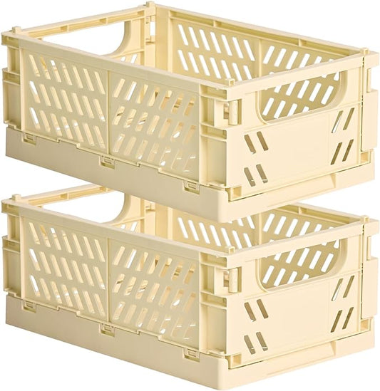 2-Pack Small Pastel Plastic Storage Baskets, Collapsible Crates for Organizing, Space-Saving Mini Bins for Classroom, Kitchen, Office, Bedroom (Yellow, 9.8" x 6.5" x 3.8")