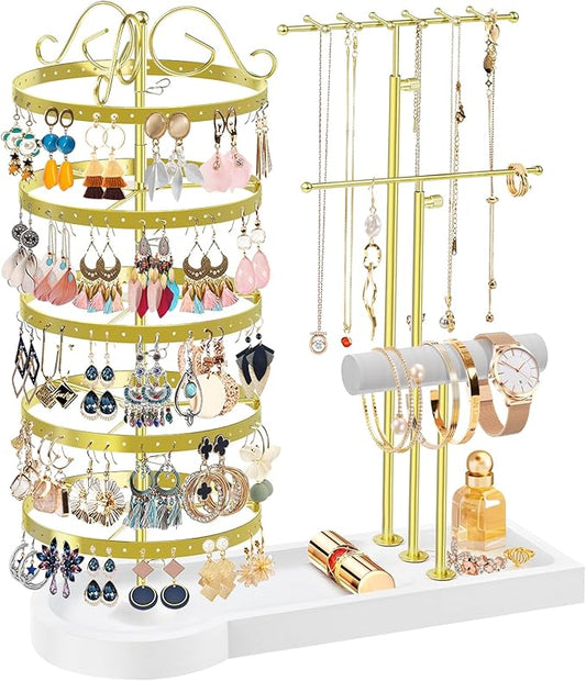 Jewelry Earring Holder Organizer, Adjustable 5 Tiers Rotating Earring Holder 3 Tier Necklace Holder with Wooden Base, Multi-Functional Jewelry Organizer Display Stand for Studs Bracelet Women(Gold)