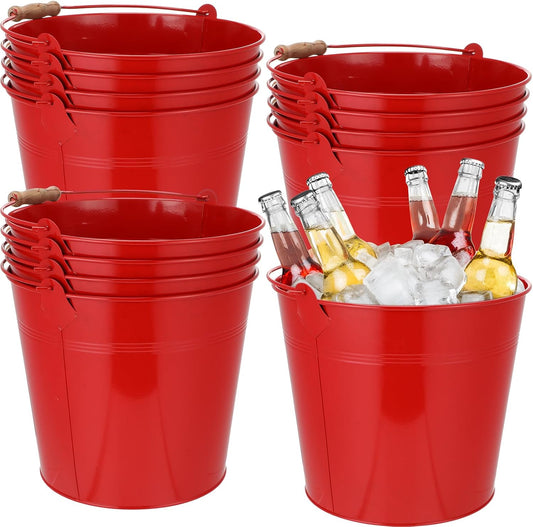 Didaey 12 Pcs Large Galvanized Metal Buckets with Handle 10 Inch Heavy Duty Stainless Steel Pails Round Pail for Party Wedding, Crafts, Utensils, Table Centerpieces (Red)