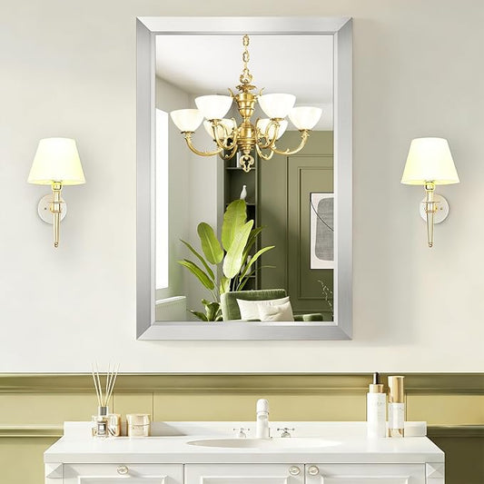 Bathroom Mirror for Over Sink,24x36Inch Silver Thick Anti-Rust Metal Frame, Rectangle Decorative Wall Mirror with HD Tempered Glass, Horizontal or Vertical Mount for Vanity, Bathroom,Living Room