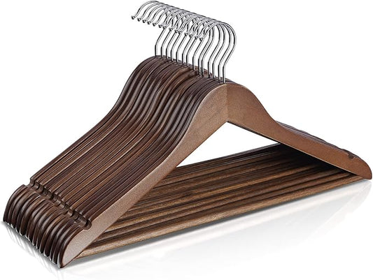 Wooden Hangers 10 Pack,Heavy Duty Wood Coat Hangers,with 360-degree Hookï¼Smooth Finish Wooden Clothes Hangers with Non Slip Pants Bar, Sturdy Clothes Hangers for Shirts,Suitï¼Walnutï¼