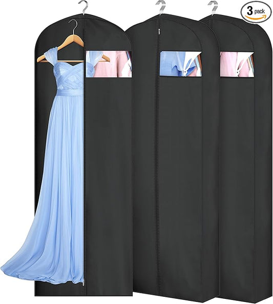 MISSLO 4" Gusseted Garment Bags for Hanging Clothes 65" Dress Bags for Gowns Long Waterproof Dress Cover for Closet Hanging Clothes Storage Bag, 3 Packs, Black