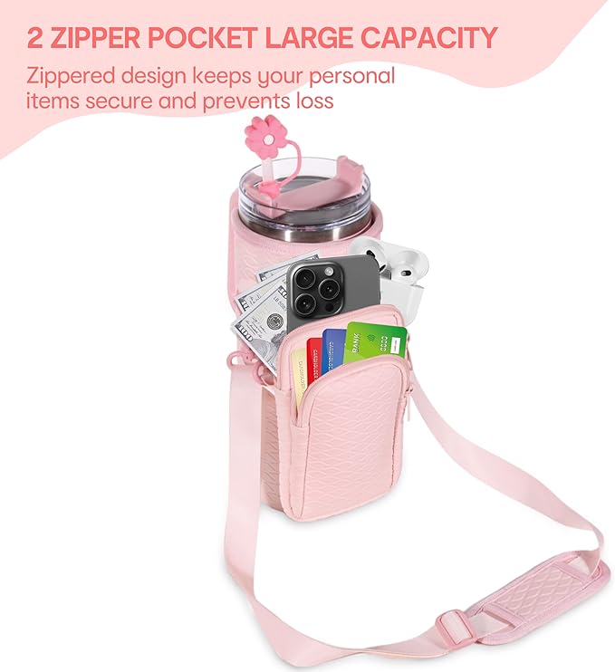 &And Per Se Water Bottle Shoulder Bag for Women, Neoprene Carrier with Phone Pocket & Pink Charm, Adjustable Crossbody Strap Fits Stanley 30oz Tumblers, Gift for Her (Pink)
