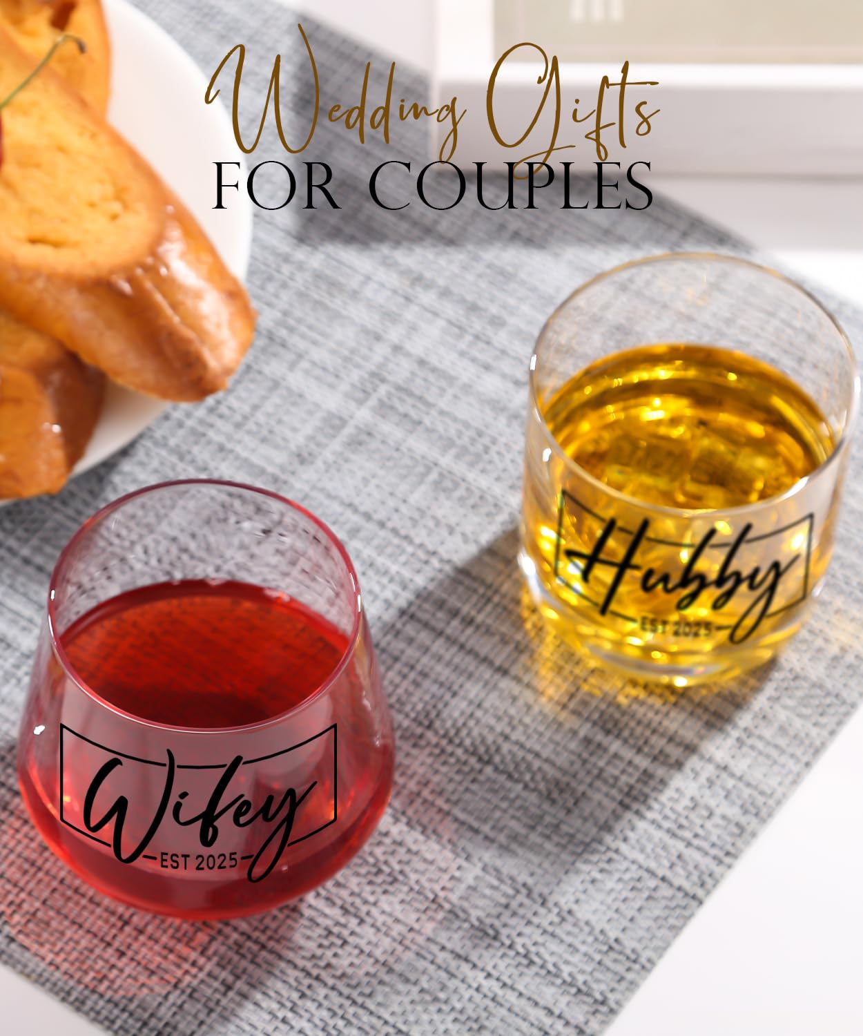 comfit Wedding Gifts for Couples,Hubby & Wifey EST 2025 Wedding Glass Set,Bridal Shower Gifts for Bride and Groom, Newly-Married Anniversary for Him/Her，Mr and Mrs Gift